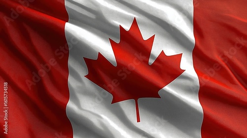 Photorealistic Canadian flag in vector style with detailed fabric texture – red and white design featuring centered maple leaf on black background, high resolution and clean layout.