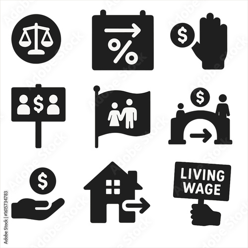 Economic Justice Icons. Solid style icons of economic justice: coin with justice scale, tax fairness icon, debt cancellation, wage