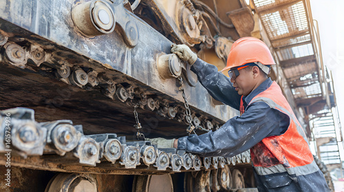 Construction worker inspecting heavy machinery in bright orange safety vest