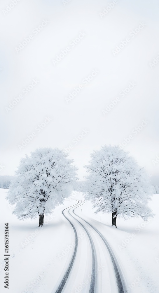 Obraz premium Winter Wonderland Road: Snowy Landscape, Winding Road, Frosty Trees, Serene, Cold, Scenic View, Tire Tracks, Minimalist Photography.