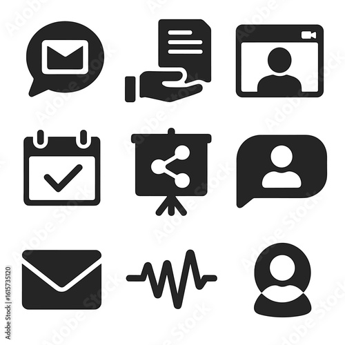 Business Communication Icons. Solid style icons of business communication: email bubble, document handover, video call window,