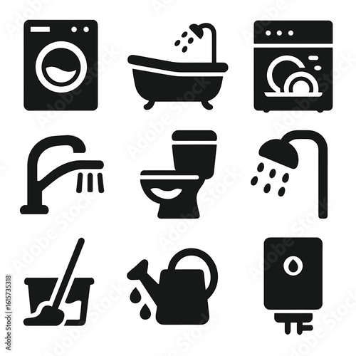 Water Use Icons. Solid style icons of household water use: washing machine, bathtub with water, dishwasher, kitchen faucet, toilet