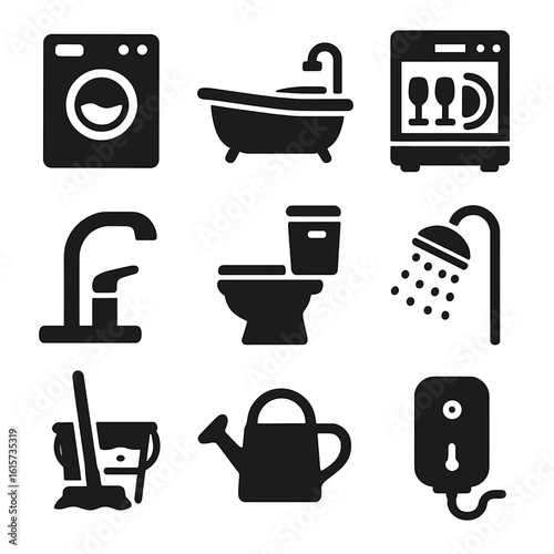 Water Use Icons. Solid style icons of household water use: washing machine, bathtub with water, dishwasher, kitchen faucet, toilet