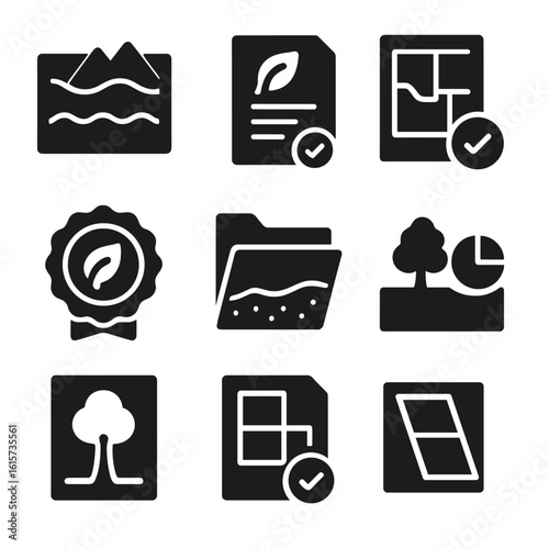 Environmental Zoning Icons. Solid style icons of environmental and zoning considerations: flood zone map, environmental impact