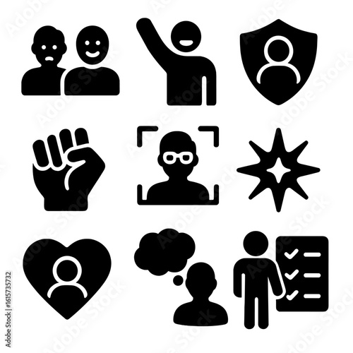 Team Role Icons. Solid style icons of team roles and dynamics: introvert and extrovert pair, initiator icon, supporter badge,