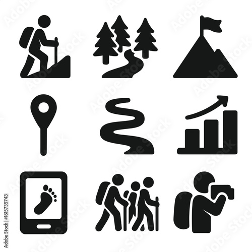 Hiking Icons Compilation. Solid style icons of hiking activities: person hiking up hill, forest path, mountain peak with flag,