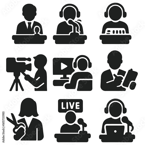 Media Role Icons. Solid style icons of media and broadcasting roles: news anchor, radio host, sound technician, TV camera operator
