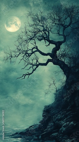 Tree Silhouette on Cliff Under Full Moon Creepy Night