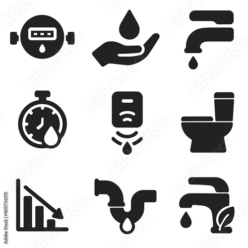 Water Conservation Icons. Solid style icons of water usage and conservation: water meter, conservation hand with drop, reduced