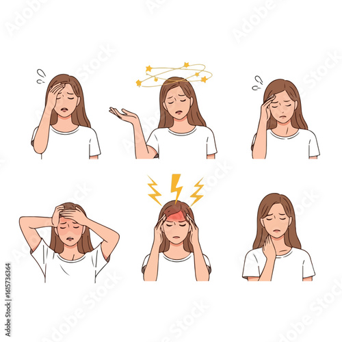 Woman expressing various emotions and stressful situations through facial expressions