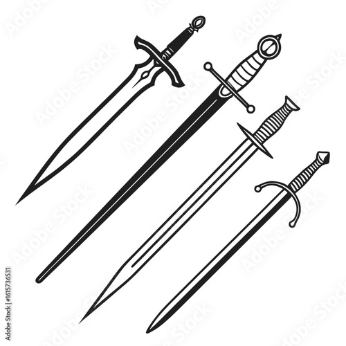 Four distinct historical swords rendered in a stark style