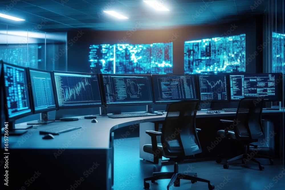 © Darren - security system control room- workstation- monitoring room with security data center Empty office- desk and chairs. ai generative