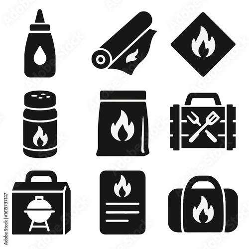 BBQ Packaging Icons. Solid style icons of BBQ-themed packaging: sauce squeeze bottle, meat wrap foil, branded napkin, spice jar