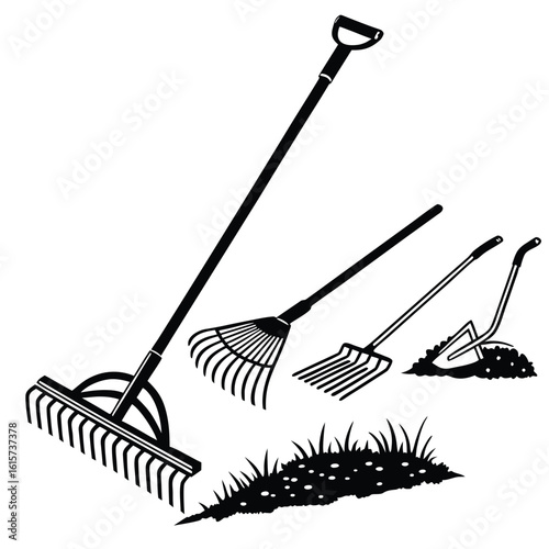 Still life composition of five garden rakes in a creative arrangement