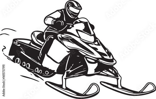 Graphic Monochrome Snowmobile Rider in Full Gear on a White Winter Background Scene