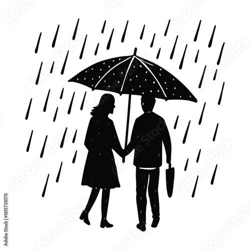 Couple holding hands under umbrella in the rain