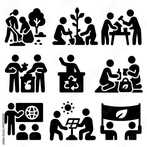 Environmental Activities Icons. Solid style icons of environmental activities: park cleanup group, tree planting event, birdhouse