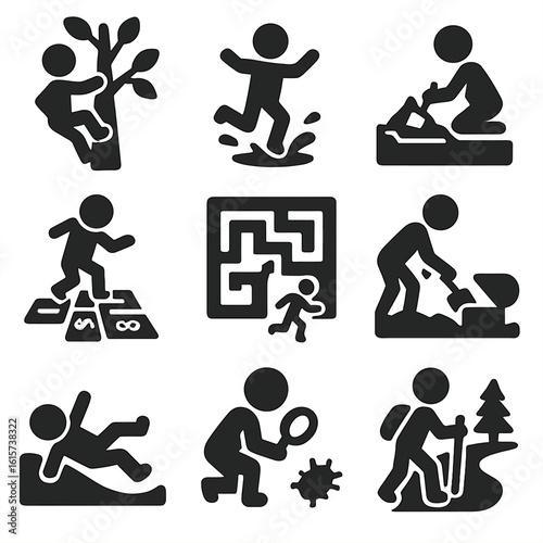 Playful Solid Icons. Solid style icons of free play and exploration: climbing tree icon, jumping puddles, sandbox creation,