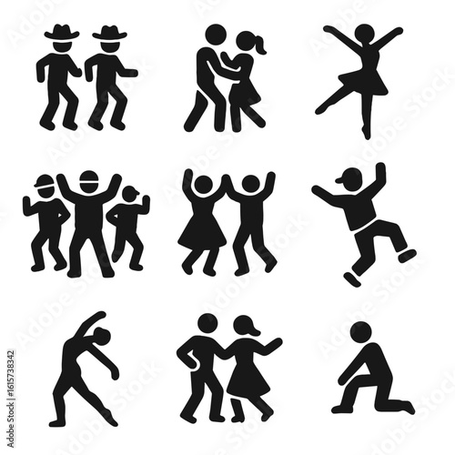 Dance Icons Collection. Solid style icons of dance and movement: line dancing icon, salsa class, ballet position, hip hop group,