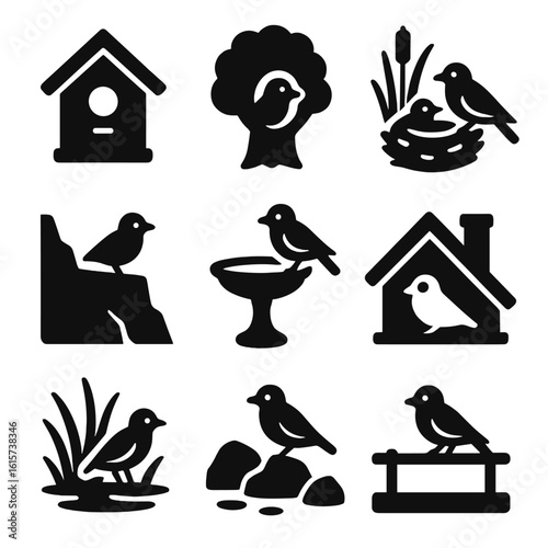 Bird Habitat Icons. Solid style icons of bird habitats: birdhouse, tree hollow, reed nest, cliff edge, bird bath, rooftop perch,