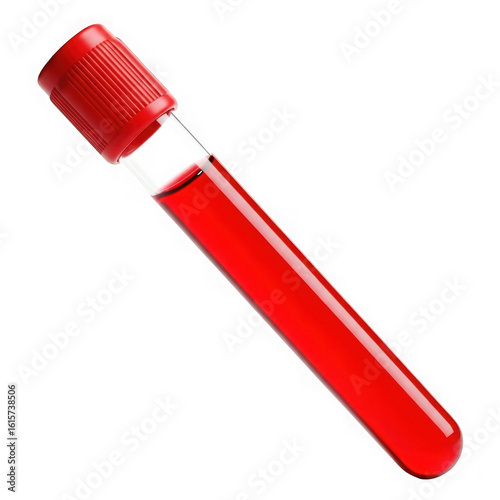 A single red capped blood sample tube filled with red liquid isolated on transparent background