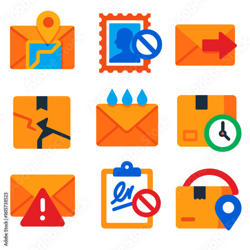 Postal Error Icons. Flat vector icons of postal errors: wrong address, undelivered stamp, return to sender. broken package,