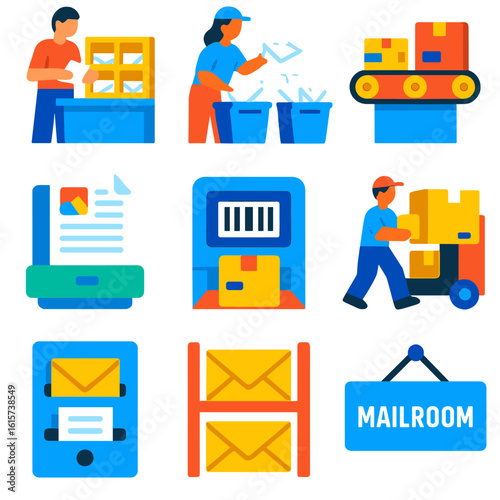 Mailroom Icon Set. Flat vector icons of mailroom scenes: workers sorting letters, mail bins, conveyor belt with parcels. scanned