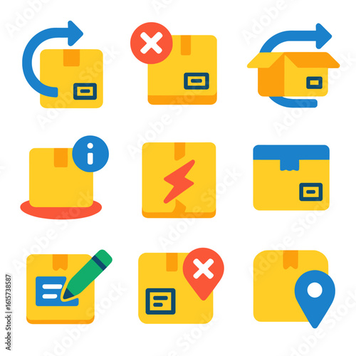 Returned Packages Icons. Flat vector icons of returned packages: box with return arrow, rejected delivery, repackage and resend.