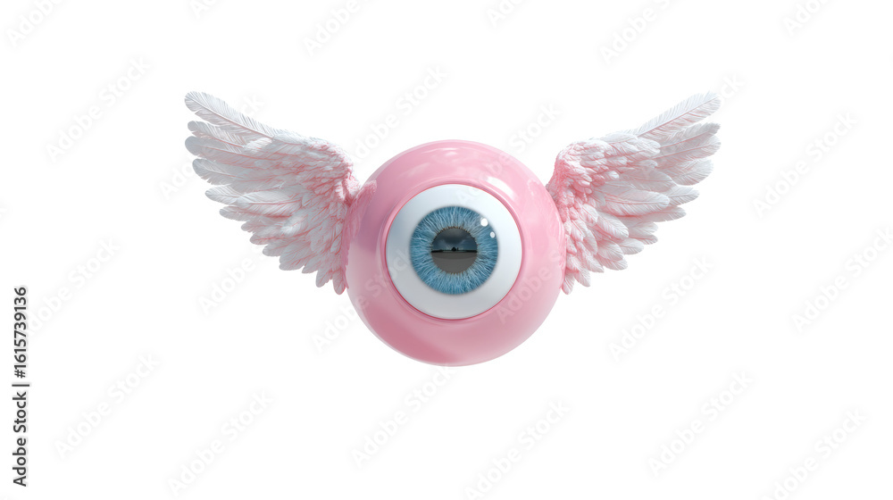 Fototapeta premium This dreamy image depicts a pink eye with wings, soaring against a dark background.
