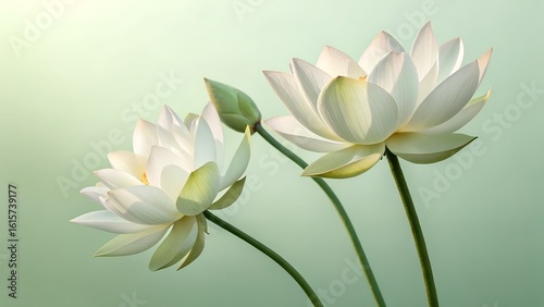 Two white lotus flowers are blooming in the soft light on a light green background