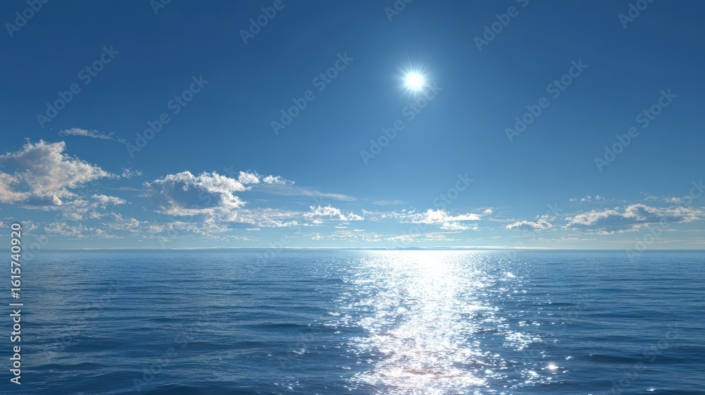 Obraz premium Serene Ocean Landscape Bright Sunny Day with Calm Blue Waters and Fluffy White Clouds