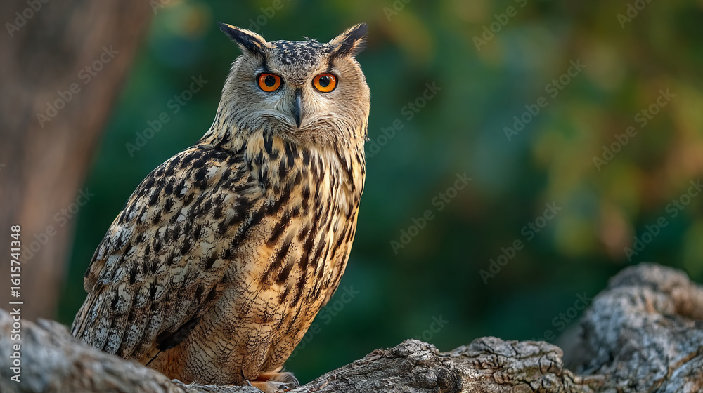 Obraz premium A detailed close up of an eurasian eagle owl perched on a branch looking forward