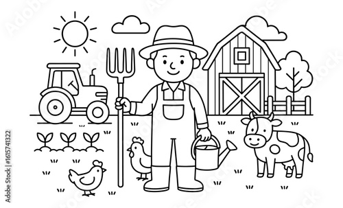 Outline drawing of farmer with barn, tractor, and farm animals in countryside scene