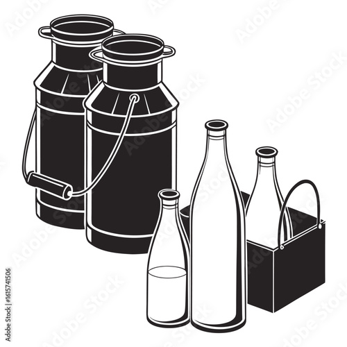 Vintage milk cans and glass bottle collection graphic