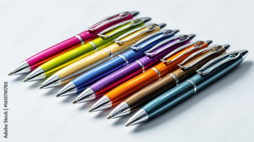 Fototapeta premium Colorful Pens Collection A Row of Vibrant Multicolored Ballpoint Pens on White Background