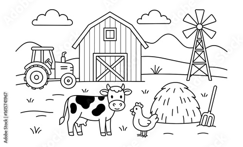 Charming farm scene with barn, cow, and windmill in black and white line art style