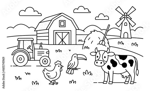Outline farm scene with animals, tractor, and barn in a rural landscape setting