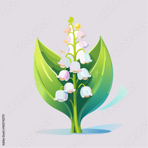 Elegant lily of the valley illustration with delicate white bell-shaped flowers and vibrant green leaves