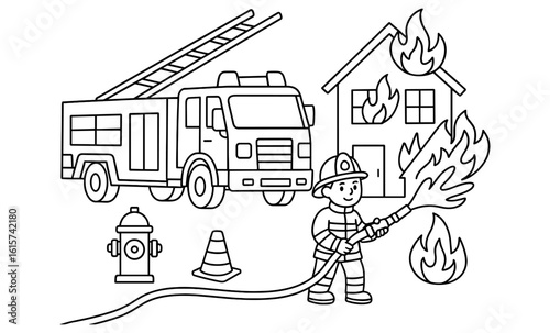 Firefighter coloring page with fire truck, flames, and hydrant