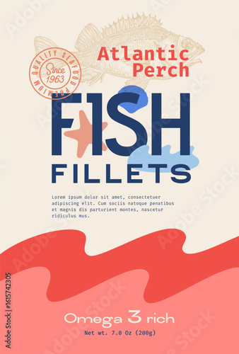 Seafood Fish Vector Label Design Package Background Layout Template. Hand Drawn Haddock Illustration and Modern Typography. Fish Silhouette Product Banner With Pattern and Engraved Drawing