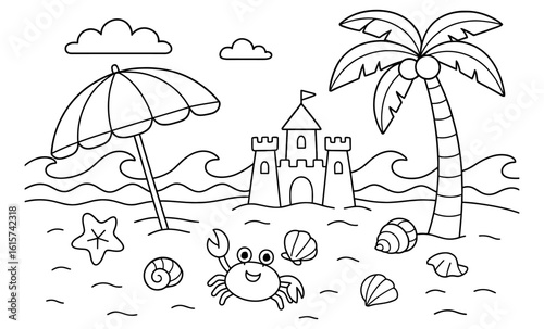 Beach paradise coloring page with sand castle, crab, and seashells