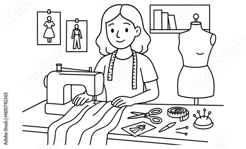 Linear style seamstress sewing in workshop with tools and mannequin