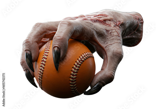 Realistic 3D Illustration of a Gnarled Clawed Hand Gripping a Baseball on a Transparent Background