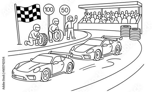 Exciting car race line art with pit crew and spectators on circuit track