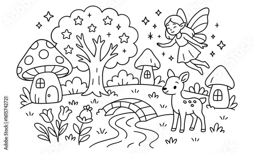 Whimsical fairyland coloring page with fairy, deer, and mushroom houses