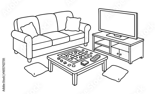 Cozy living room with board game on coffee table in minimalist outline style