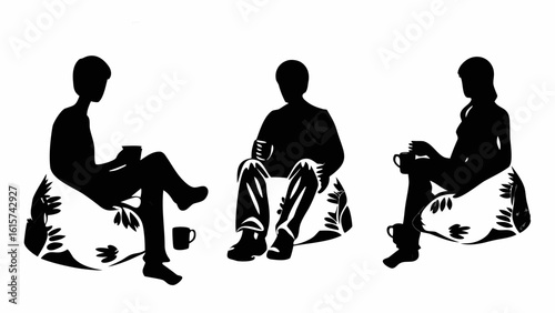 Three silhouettes of people sitting on beanbag chairs holding mugs in a black and white illustration