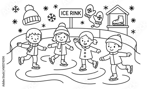 Winter fun for kids: ice skating at the rink with snowflakes and cozy mittens