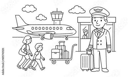 Air travel scene with pilot at airport terminal in black and white line art style