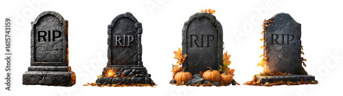 Set of tombstone with R.I.P. for Halloween, isolated on transparent background.
